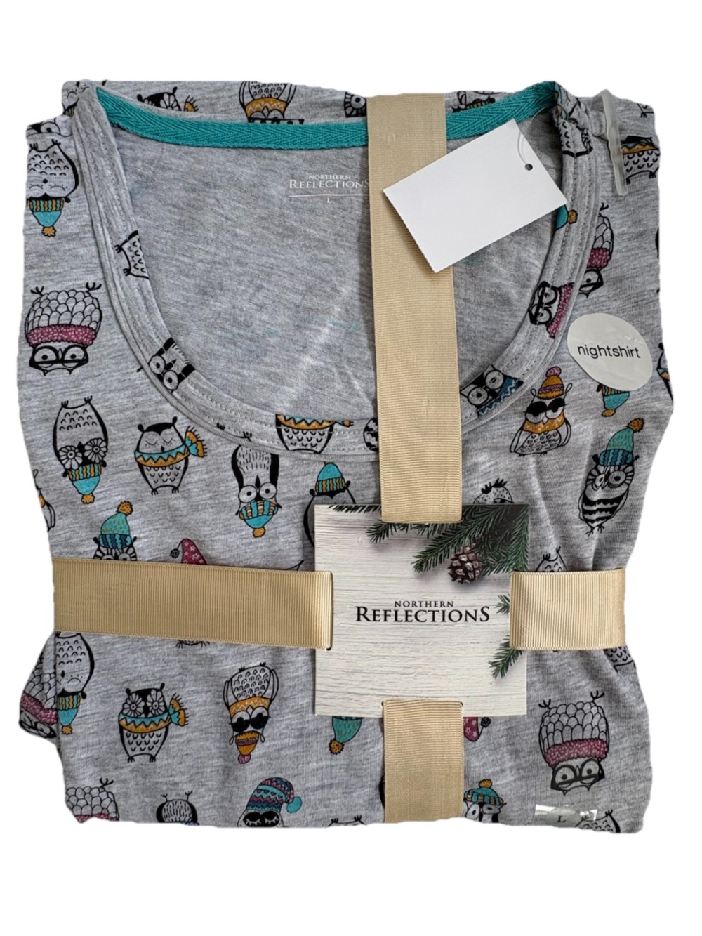 Northern Reflections Grey Owl-Print Long Sleeve Nightshirt Size Large